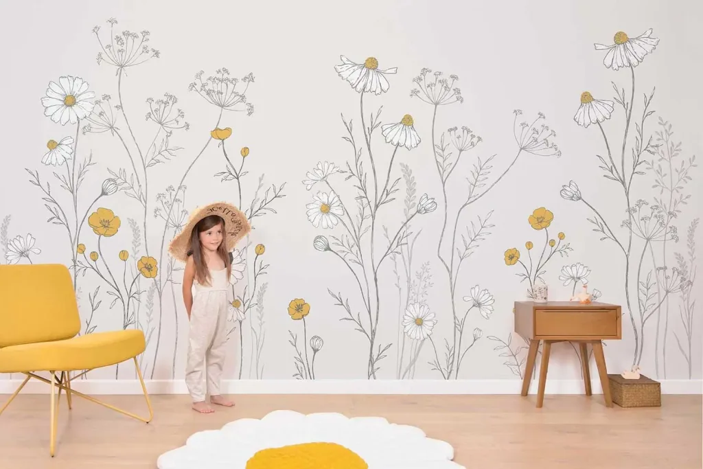 Lilipinso Vlies Wandbild Riesen Wildblumen mit Kamille grau senfgelb