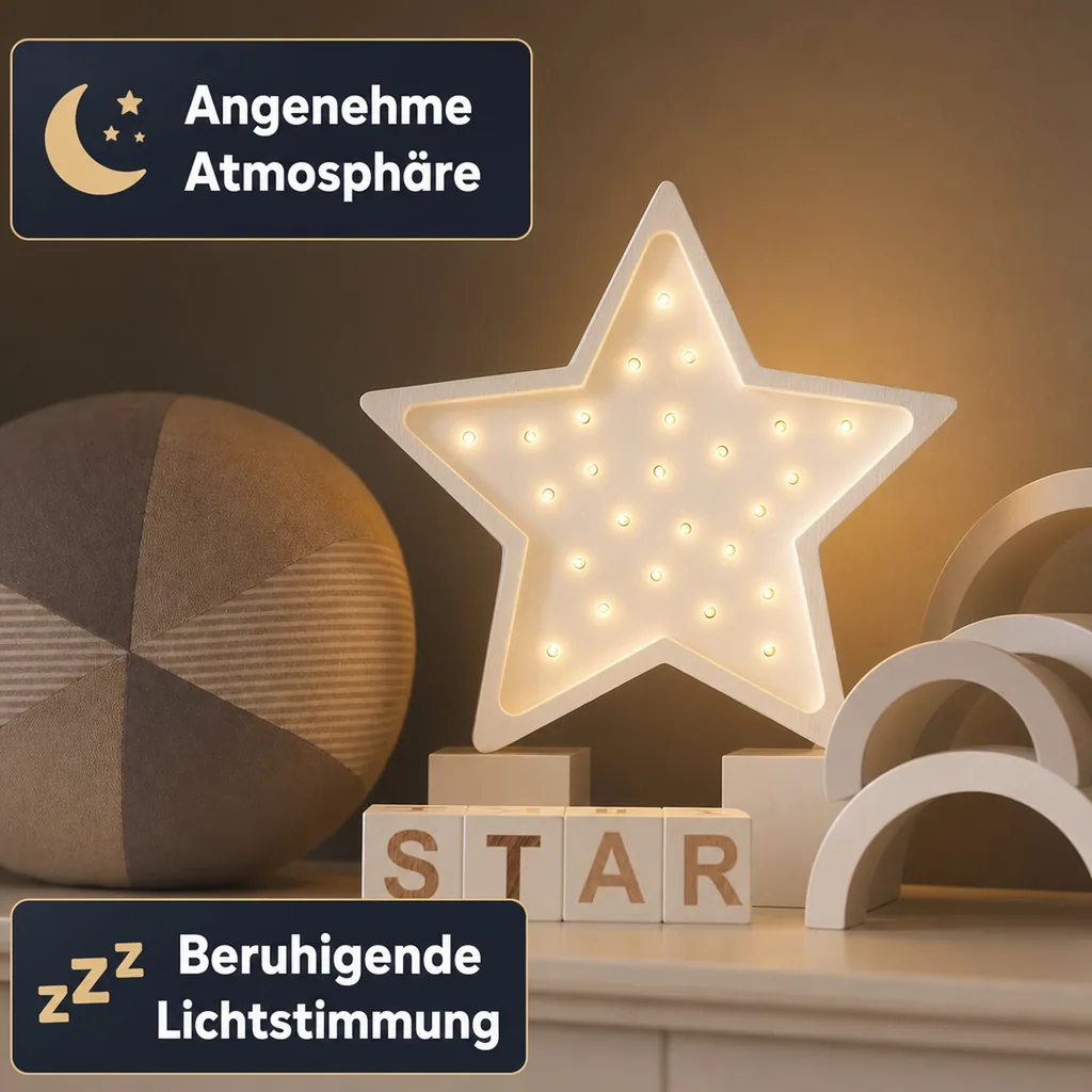 Little Lights Nachtlicht Kinder, Nachtlampe Stern - 100% Kiefernholz natur