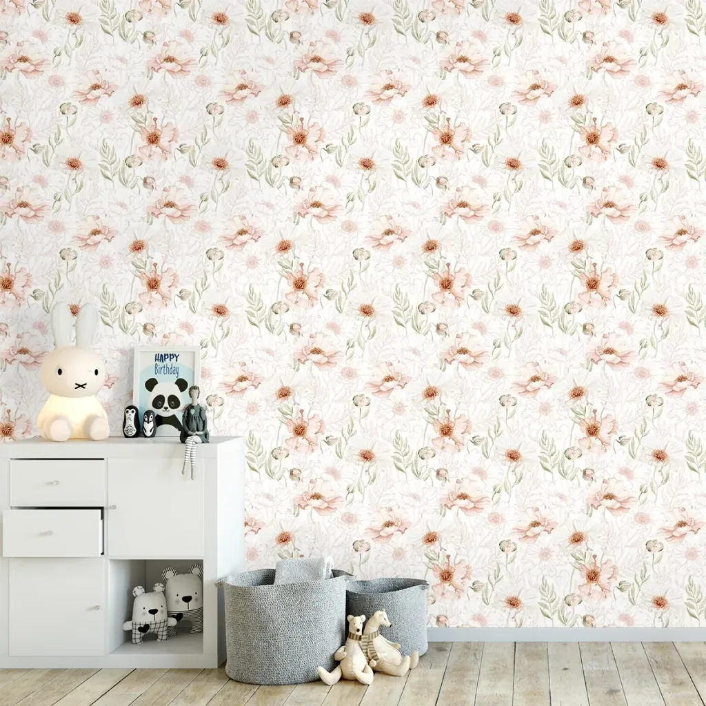 Lilipinso Tapete, Kinderzimmer Wandgestaltung, Panorama, Rosa Mohnblumen 50 cm x 10 m