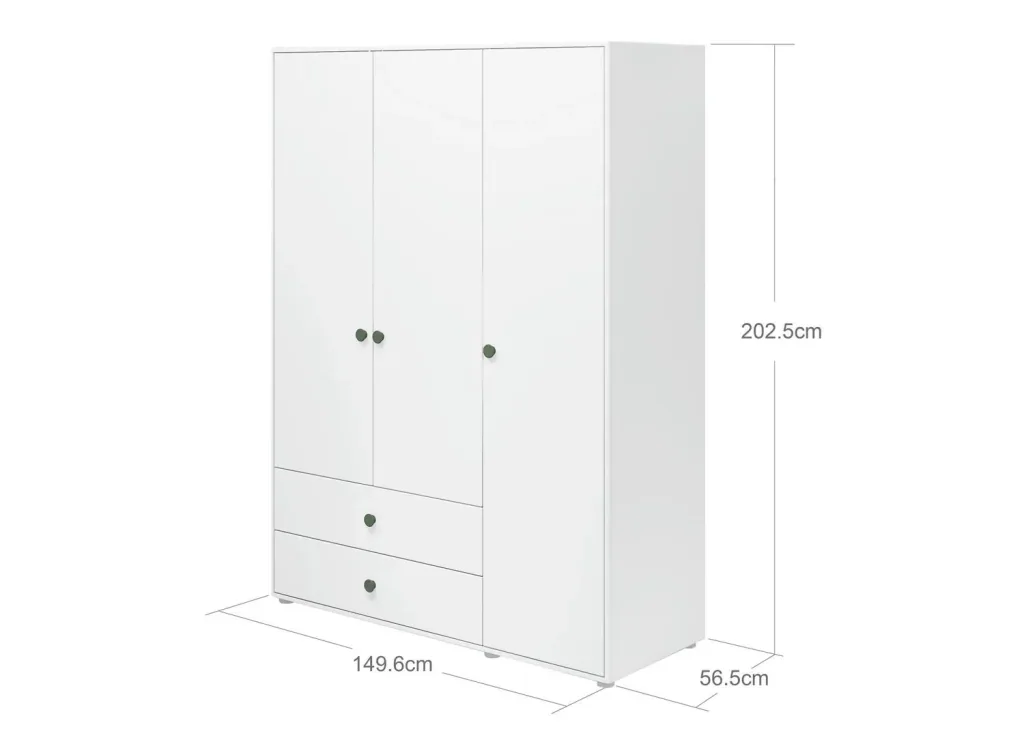 Flexa Kleiderschrank - Roomie, 3 Türen + 2 Schubladen, Farbe: Weiß/Tiefgrün