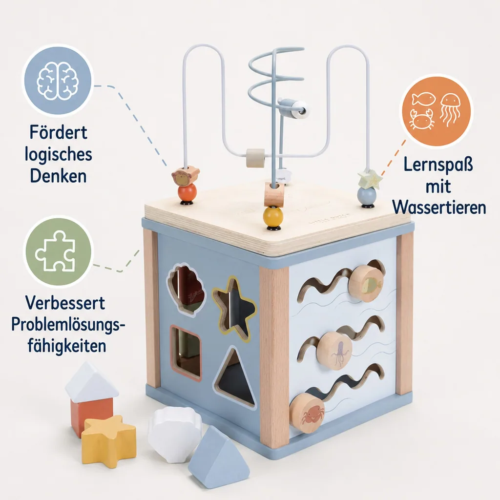 Little Dutch Aktivitätswürfel Ocean: Motorikwürfel aus Holz mit Formensortierer, Puzzle & Perlenspirale