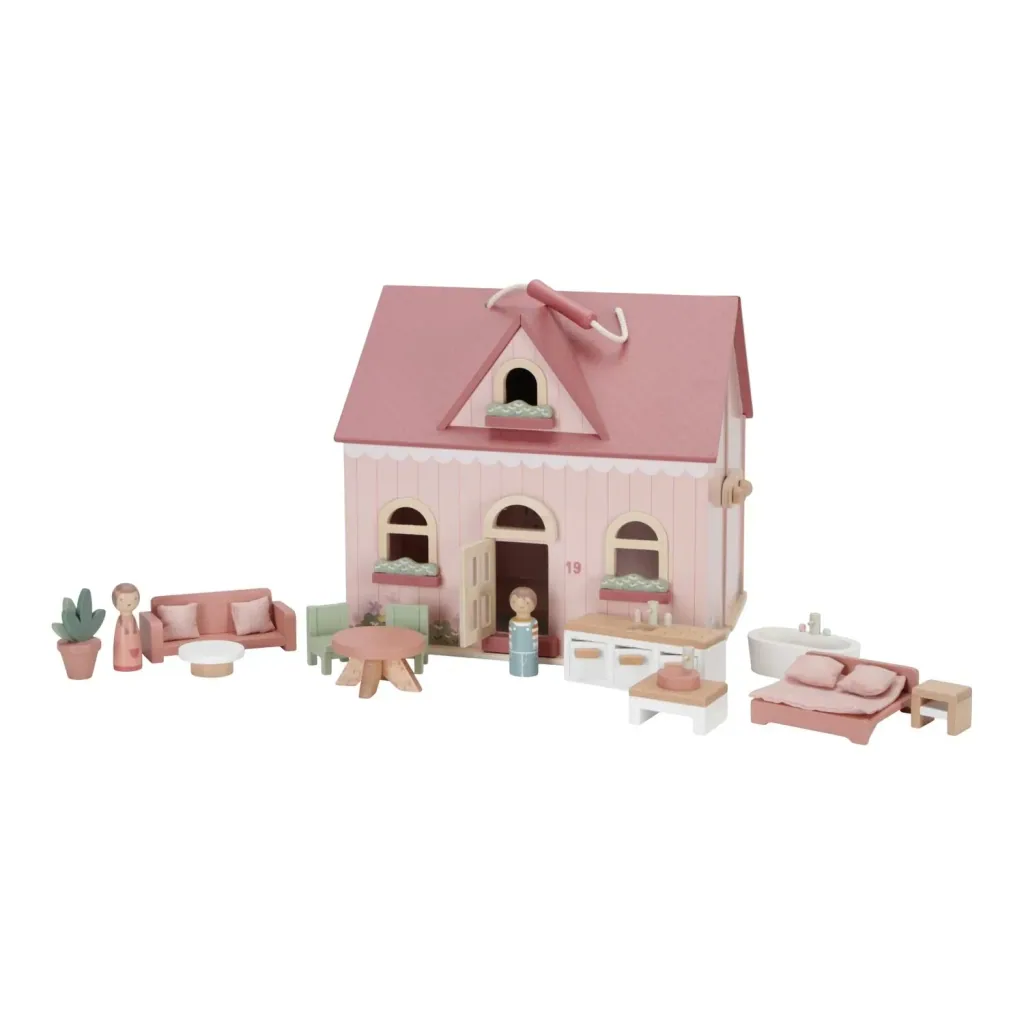 Little Dutch Puppenhaus Holz: Tragbares Holzpuppenhaus mit Möbeln & Tragegriff (ab 3 Jahren)