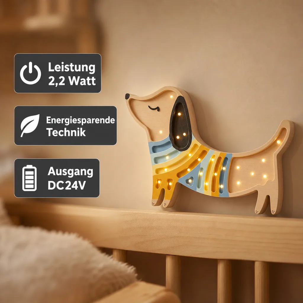 Nachtlicht für Kinder in Welpenform aus naturbelassenem Kiefernholz von Little Lights, Erdbeercreme