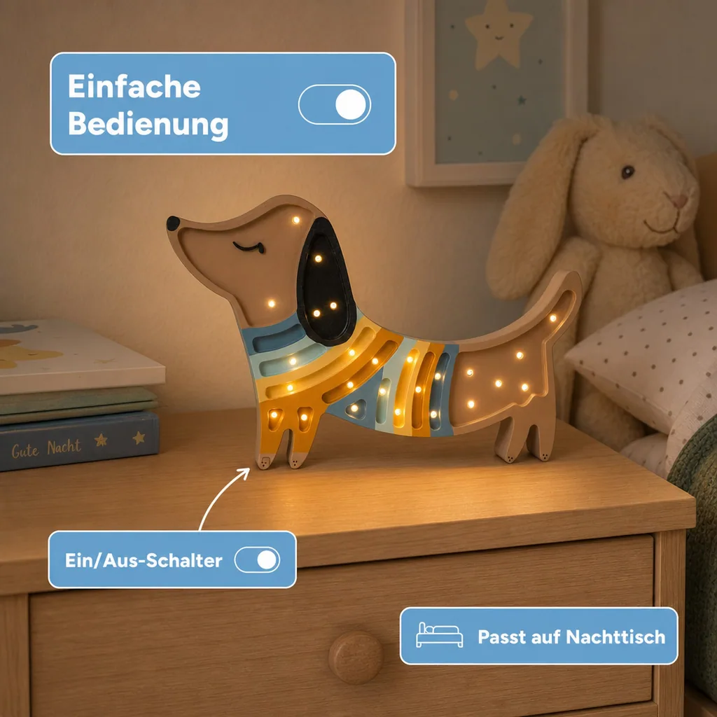 Nachtlicht für Kinder in Welpenform aus naturbelassenem Kiefernholz von Little Lights, Erdbeercreme