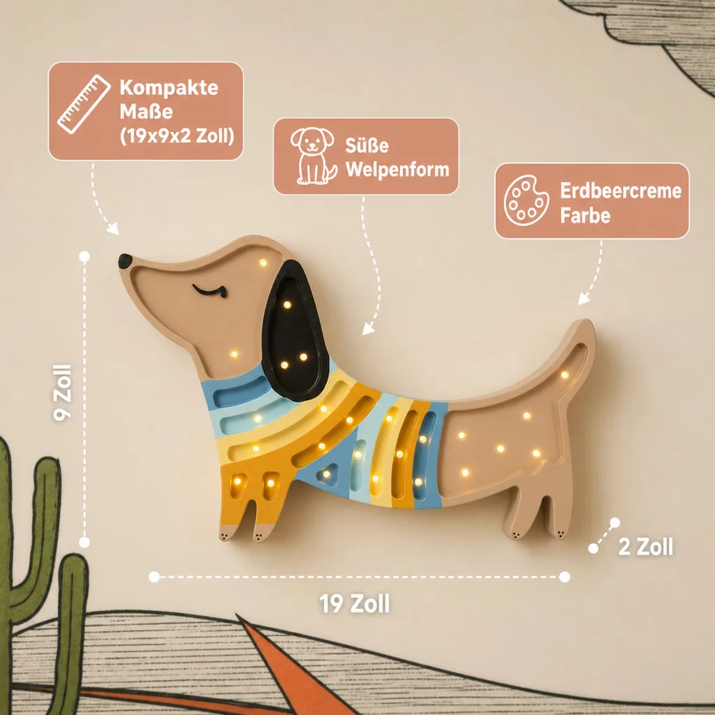 Nachtlicht für Kinder in Welpenform aus naturbelassenem Kiefernholz von Little Lights, Erdbeercreme