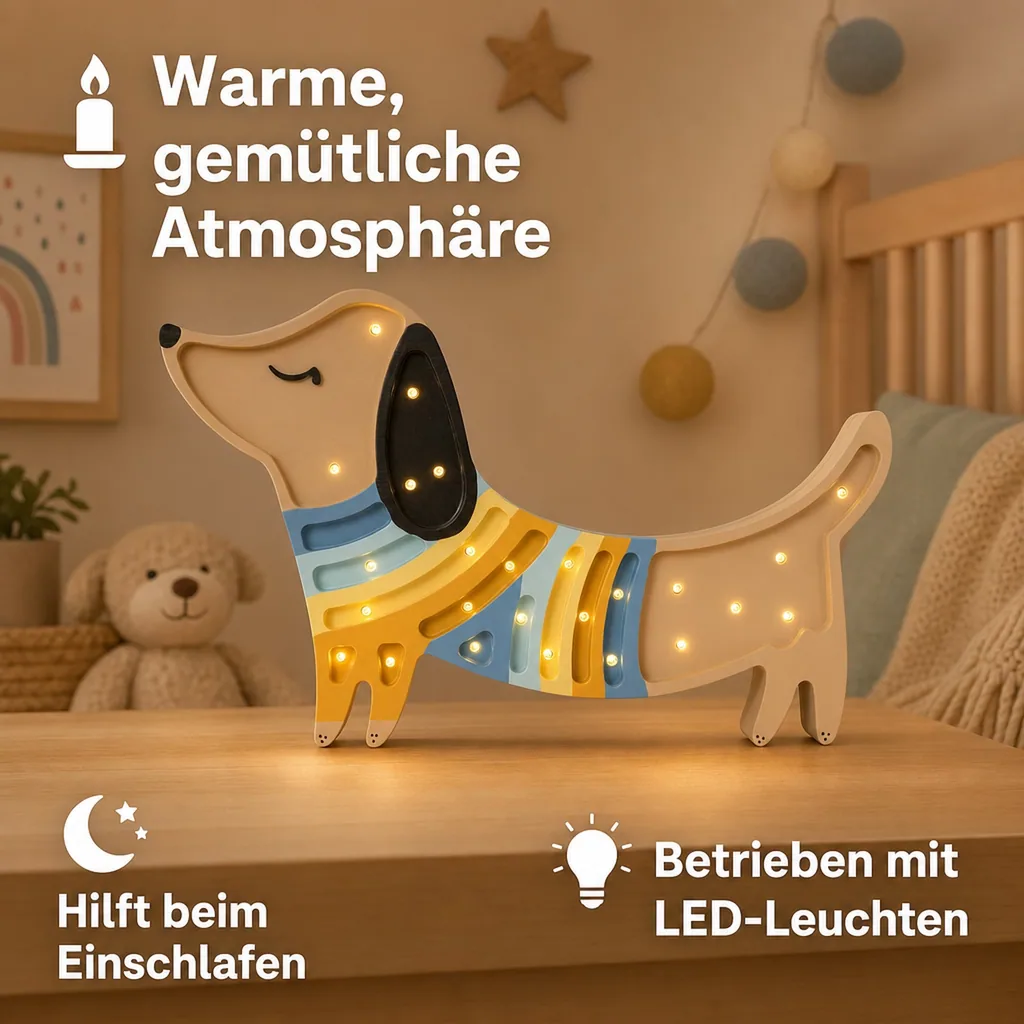 Nachtlicht für Kinder in Welpenform aus naturbelassenem Kiefernholz von Little Lights, Erdbeercreme