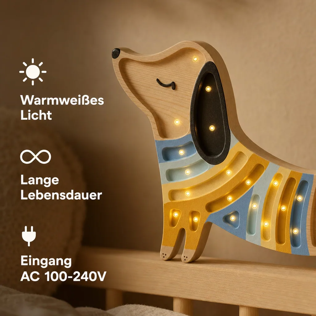 Nachtlicht für Kinder in Welpenform aus naturbelassenem Kiefernholz von Little Lights, Erdbeercreme