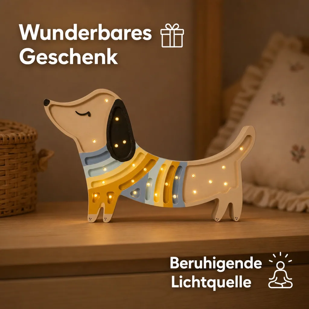 Nachtlicht für Kinder in Welpenform aus naturbelassenem Kiefernholz von Little Lights, Erdbeercreme