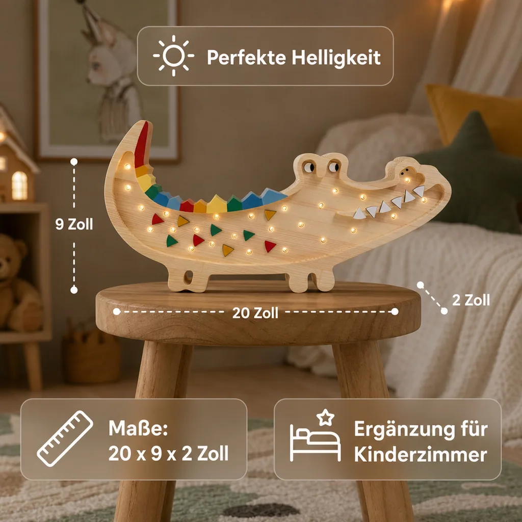 Little Lights Nachtlicht Kinder, Nachtlampe Krokodil - 100% Kiefernholz natur, Farbe: Karibisches Holz
