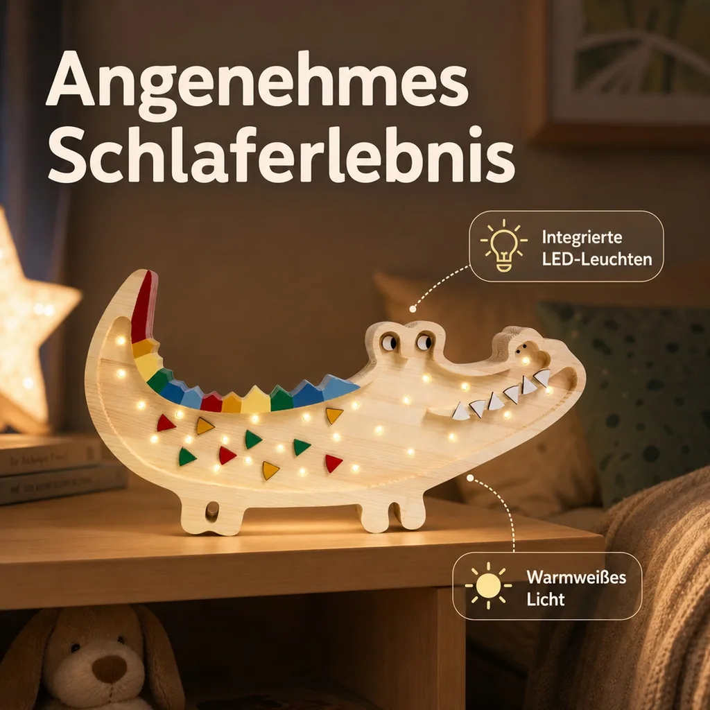 Little Lights Nachtlicht Kinder, Nachtlampe Krokodil - 100% Kiefernholz natur, Farbe: Karibisches Holz