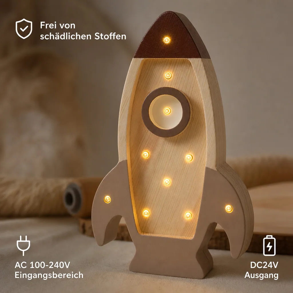 Little Lights Nachtlicht Kinder, Nachtlampe Mini-Raketenschiff - 100% Kiefernholz natur, Farbe: Cappuccino