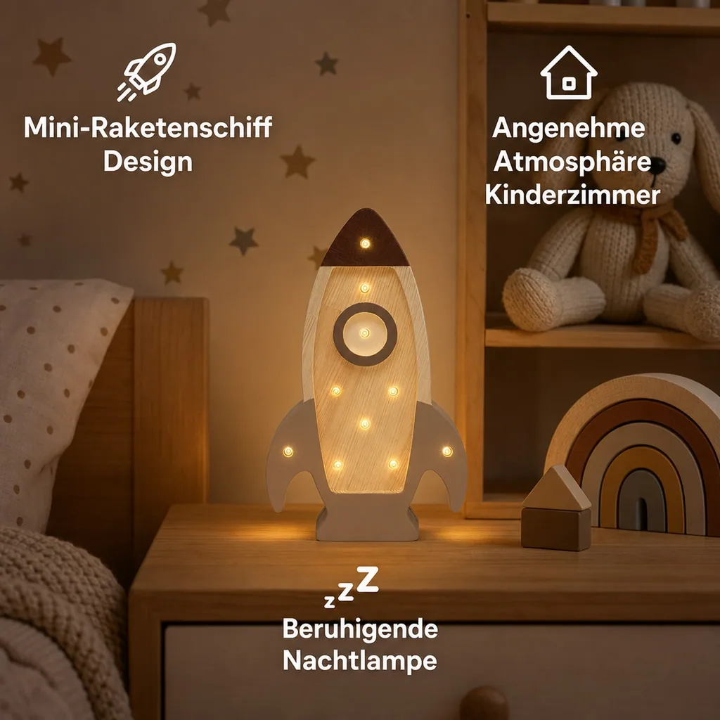 Little Lights Nachtlicht Kinder, Nachtlampe Mini-Raketenschiff - 100% Kiefernholz natur, Farbe: Cappuccino