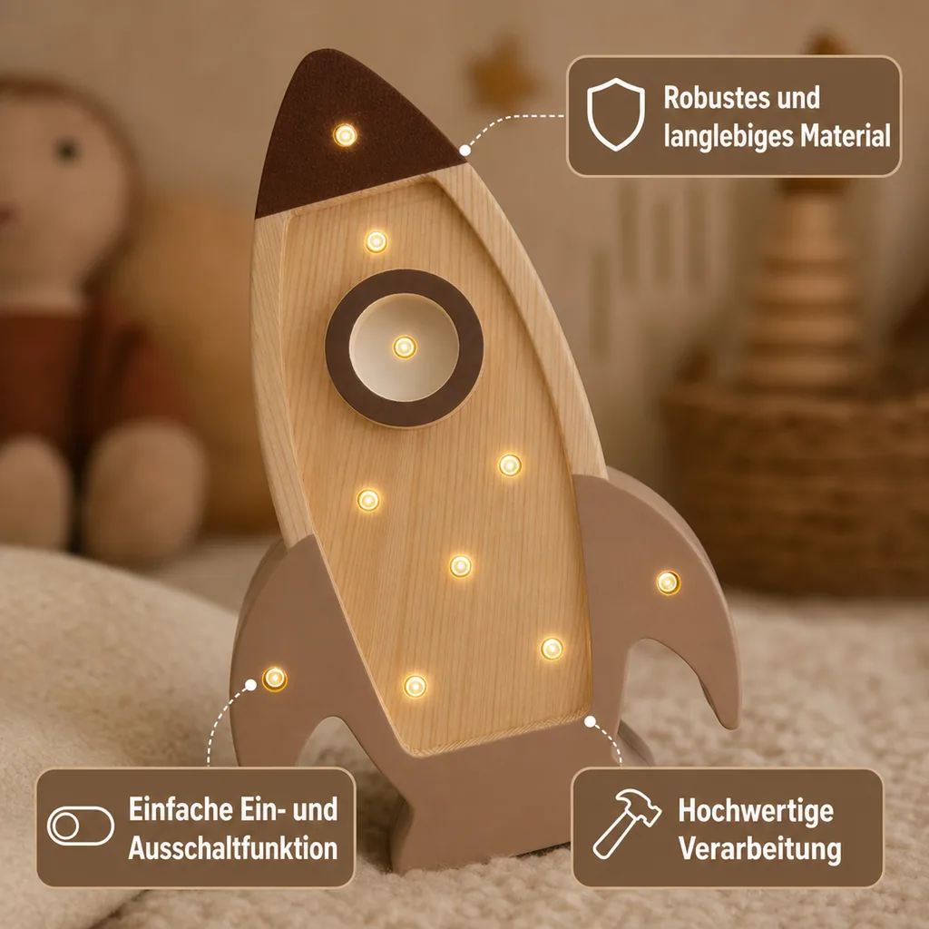 Little Lights Nachtlicht Kinder, Nachtlampe Mini-Raketenschiff - 100% Kiefernholz natur, Farbe: Cappuccino