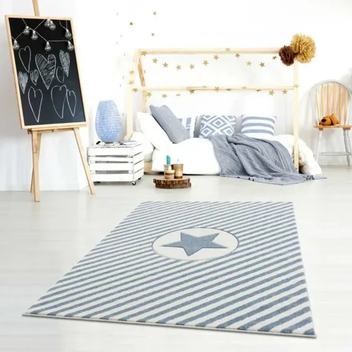Livone Teppich Stern & Diagonal Streifen blau, Teppichgrösse: 160 x 230 cm