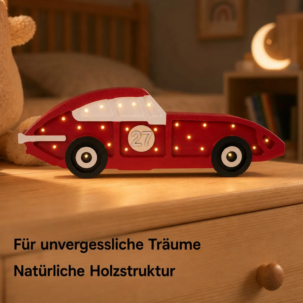 Little Lights Nachtlicht Kinder, Nachtlampe Rennauto - 100% Kiefernholz natur, Farbe: Frecciarossa