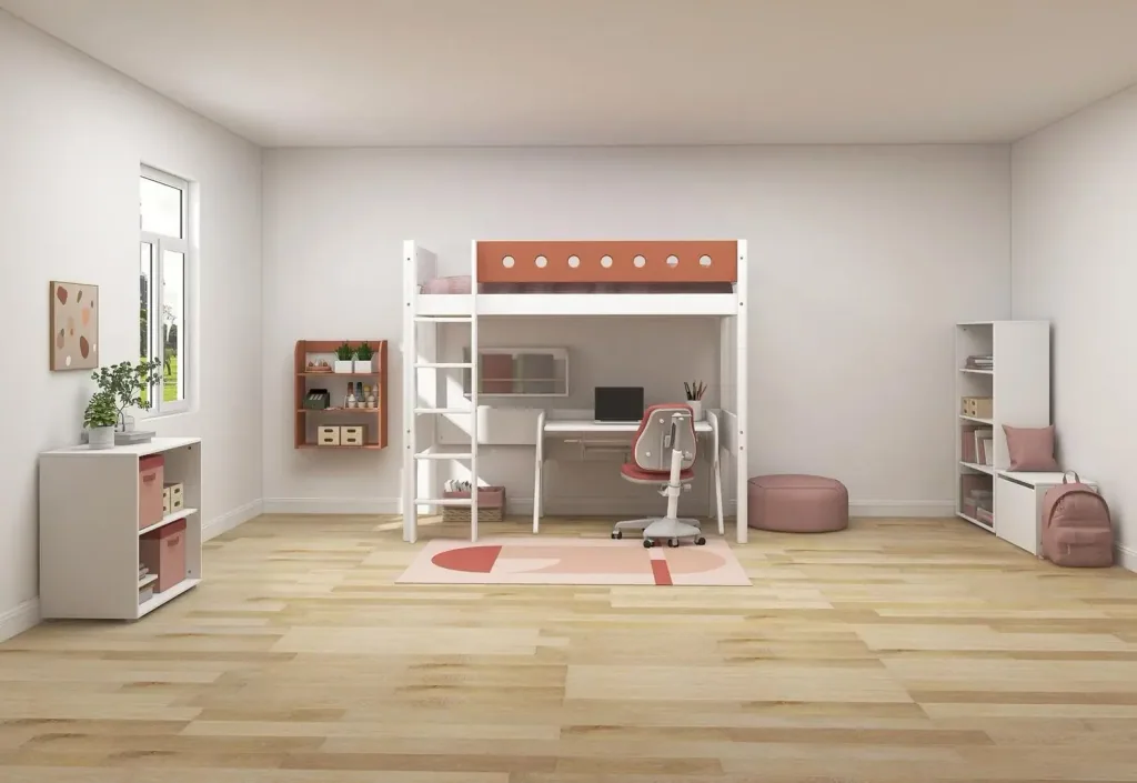 FLEXA Modulares Etagenbett, Hochbett, Halbhohes bett für Kinder - MDF und Kiefer, 90x200 cm, Mit Rutschfester Leiter, Farbe: Weiß/Errröten