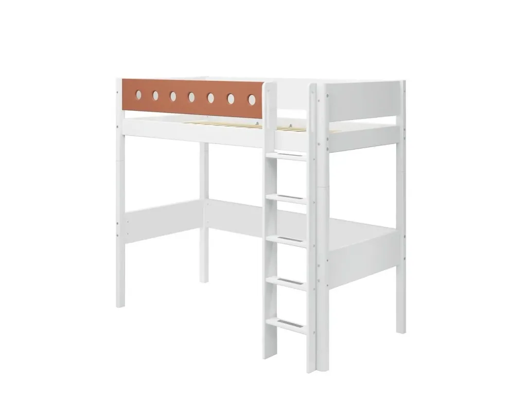FLEXA Modulares Etagenbett, Hochbett, Halbhohes bett für Kinder - MDF und Kiefer, 90x200 cm, Mit Rutschfester Leiter, Farbe: Weiß/Errröten