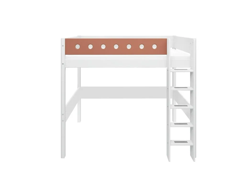FLEXA Modulares Etagenbett, Hochbett, Halbhohes bett für Kinder - MDF und Kiefer, 90x200 cm, Mit Rutschfester Leiter, Farbe: Weiß/Errröten