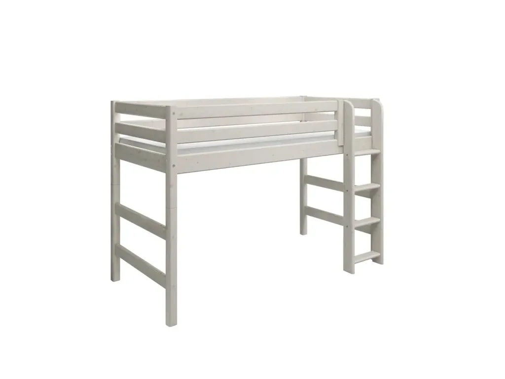 FLEXA Etagenbett, Hochbett, Mittelhohes Bett mit gerader Leiter - Massivholz Kiefer, 90x200 cm, Platzsparende Lösung, Farbe: Weiß gewaschene Kiefer