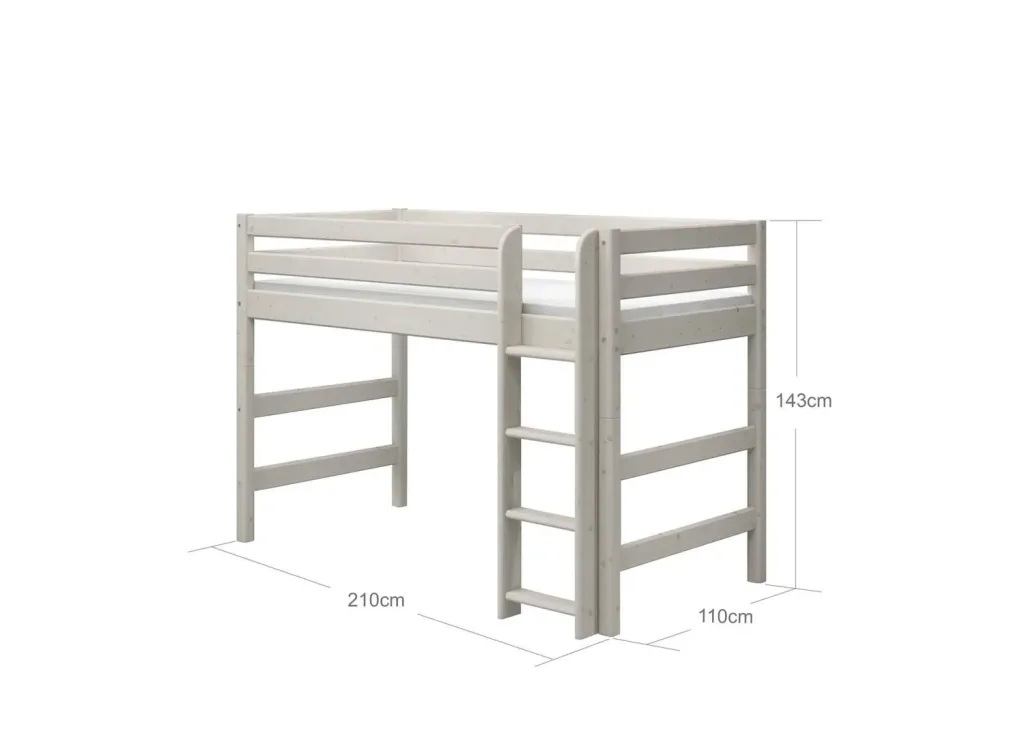 FLEXA Etagenbett, Hochbett, Mittelhohes Bett mit gerader Leiter - Massivholz Kiefer, 90x200 cm, Platzsparende Lösung, Farbe: Weiß gewaschene Kiefer
