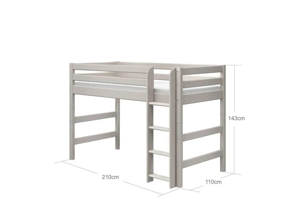 FLEXA Etagenbett, Hochbett, Mittelhohes Bett mit gerader Leiter - Massivholz Kiefer, 90x200 cm, Platzsparende Lösung, Farbe: Grau gewaschene Kiefer
