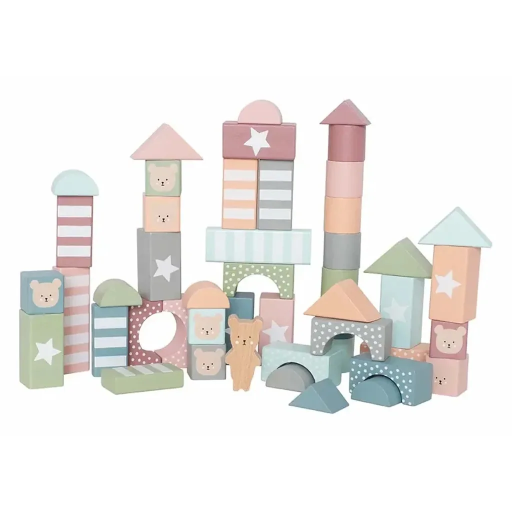 Jabadabado Kinderspielzeug, Bauklötze, Bausteine Spielzeug - Set Teddy, Farbe: Rosa. Grün. Blau