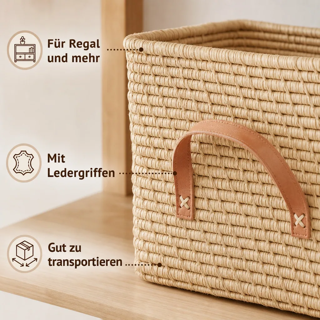 Rice Bastkorb Ledergriffe natur 30 x 30