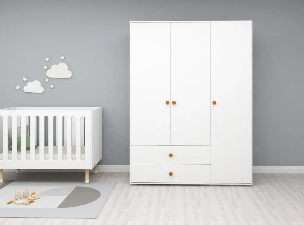 Flexa Kleiderschrank - Roomie, 3 Türen + 2 Schubladen, Farbe: Weiß/Senf
