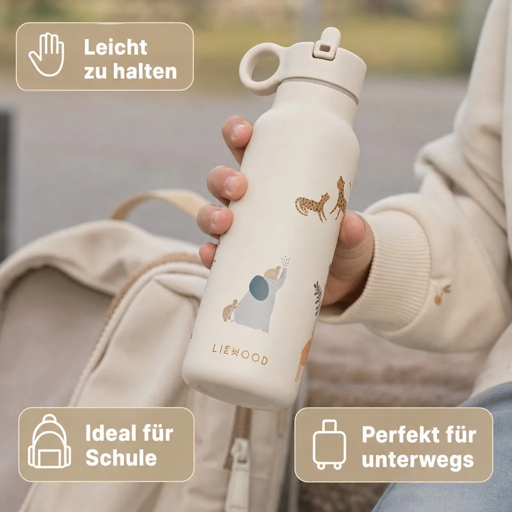 Liewood Kinder Wasserflasche, Trinkflasche Falk 350 ml - Recycelter Edelstahl, Isoliert, Auslaufsicher, Farbe: Alle zusammen / Sandfarben