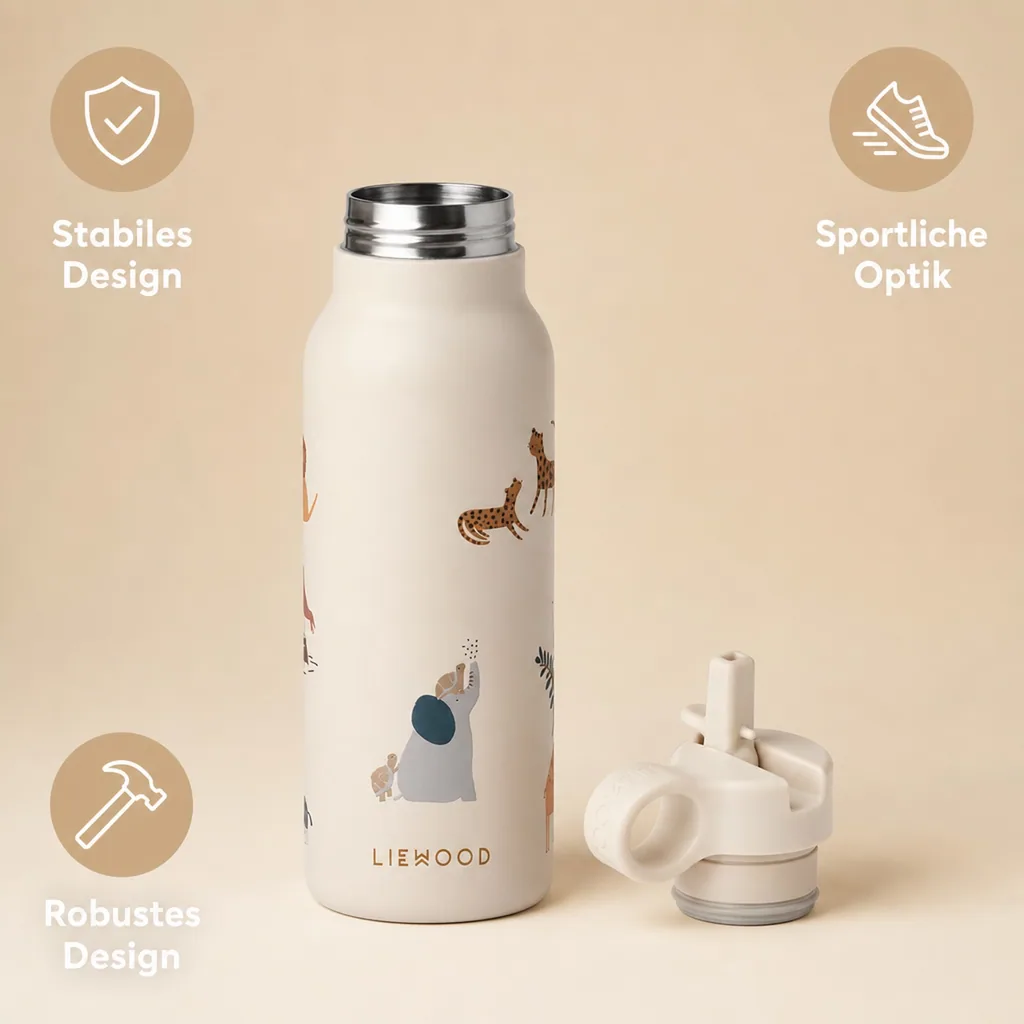 Liewood Kinder Wasserflasche, Trinkflasche Falk 350 ml - Recycelter Edelstahl, Isoliert, Auslaufsicher, Farbe: Alle zusammen / Sandfarben