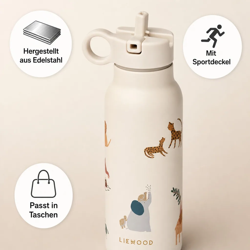 Liewood Kinder Wasserflasche, Trinkflasche Falk 350 ml - Recycelter Edelstahl, Isoliert, Auslaufsicher, Farbe: Alle zusammen / Sandfarben