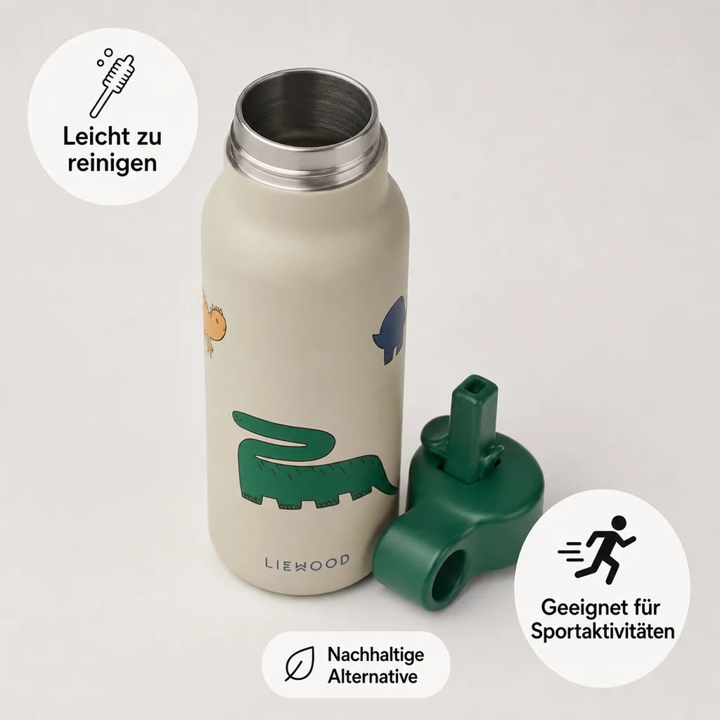 Liewood Kinder Wasserflasche, Trinkflasche Falk 350 ml - Recycelter Edelstahl, Isoliert, Auslaufsicher, Farbe: Dinosaurier / Nebel