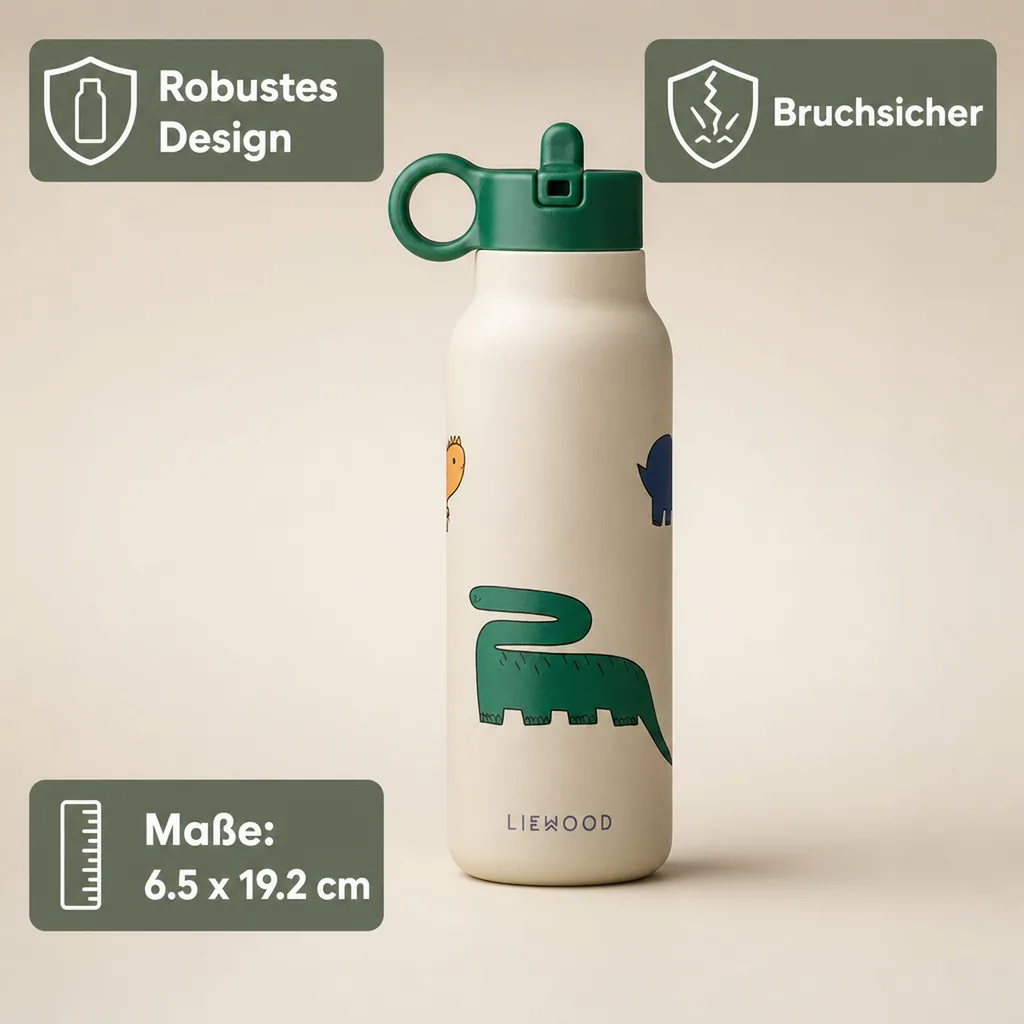 Liewood Kinder Wasserflasche, Trinkflasche Falk 350 ml - Recycelter Edelstahl, Isoliert, Auslaufsicher, Farbe: Dinosaurier / Nebel