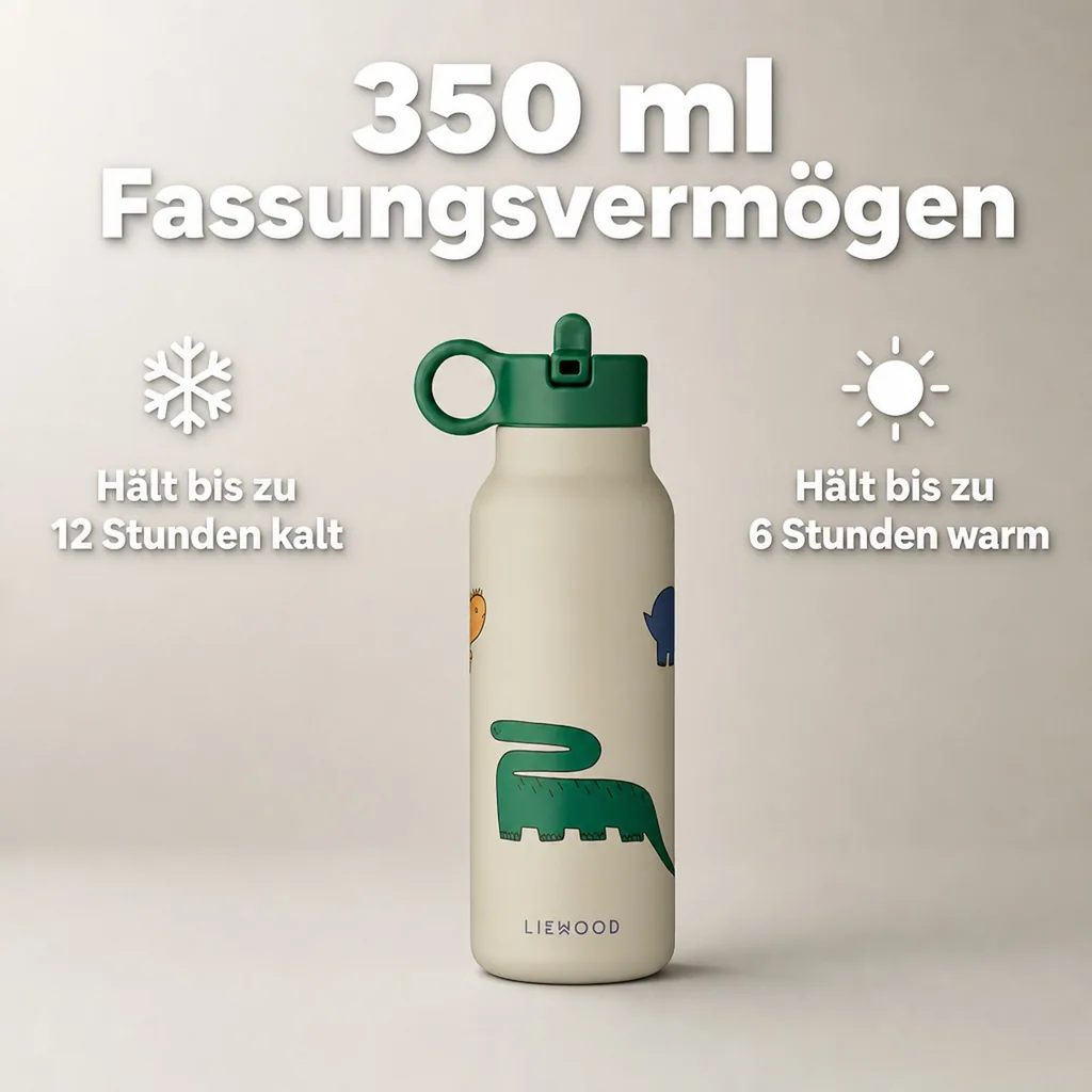 Liewood Kinder Wasserflasche, Trinkflasche Falk 350 ml - Recycelter Edelstahl, Isoliert, Auslaufsicher, Farbe: Dinosaurier / Nebel