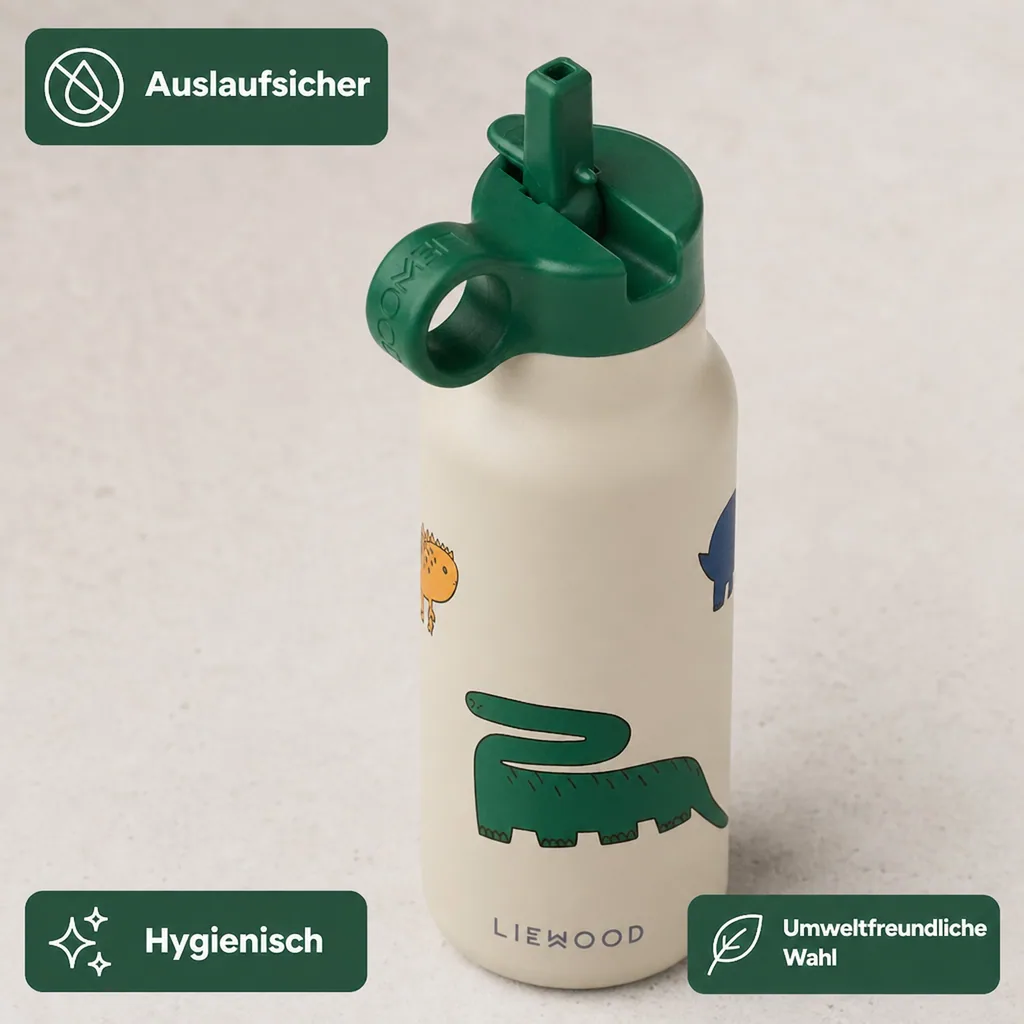 Liewood Kinder Wasserflasche, Trinkflasche Falk 350 ml - Recycelter Edelstahl, Isoliert, Auslaufsicher, Farbe: Dinosaurier / Nebel