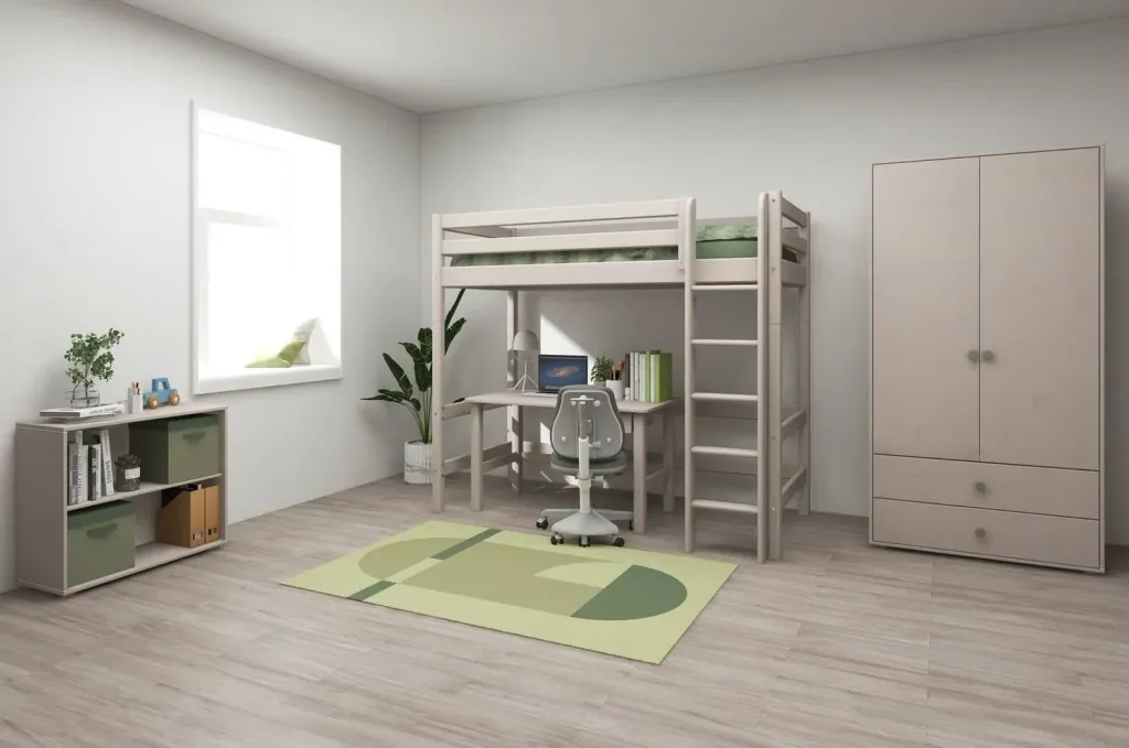FLEXA Classic Etagenbett, Hochbett, Kiefer - Sicheres & Mitwachsendes Kinderhochbett mit Rutschfester Leiter, 90x200 cm, Farbe: Grau gewaschene Kiefer