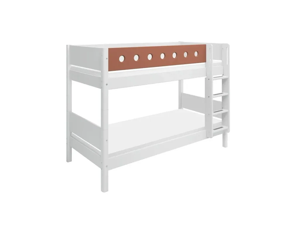 FLEXA Kinderbett, Etagenbett mit Gerader Leiter – Hochwertiges MDF und Kiefer, 90x200 cm, Platzsparende Lösung, Farbe: Weiß/Errröten