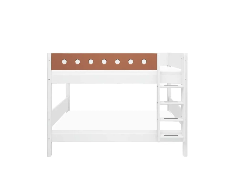 FLEXA Kinderbett, Etagenbett mit Gerader Leiter – Hochwertiges MDF und Kiefer, 90x200 cm, Platzsparende Lösung, Farbe: Weiß/Errröten