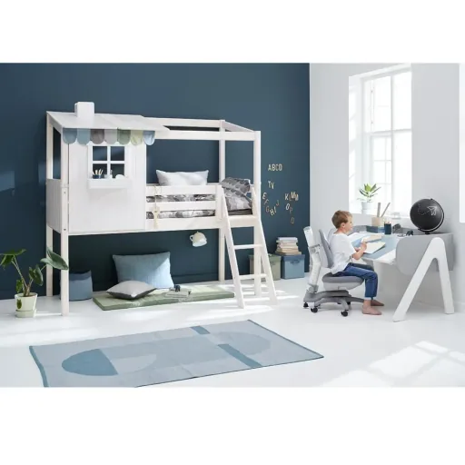 Flexa halbhohes Bett Haus mit halbem Dach weiss grau