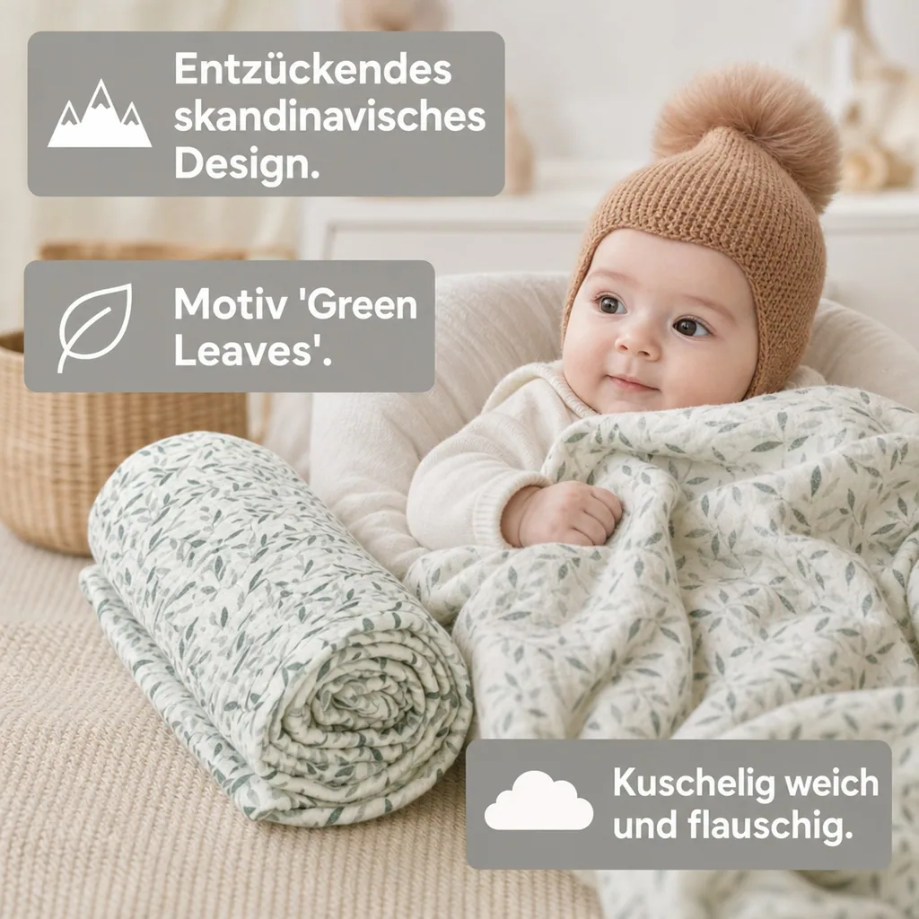 Cam Cam Muslin Babydecke "Green Leaves" grüne Blätter