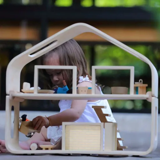 Plan Toys Modernes Puppenhaus möbliert Holz natur