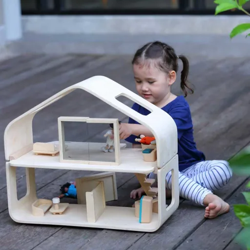 Plan Toys Modernes Puppenhaus möbliert Holz natur