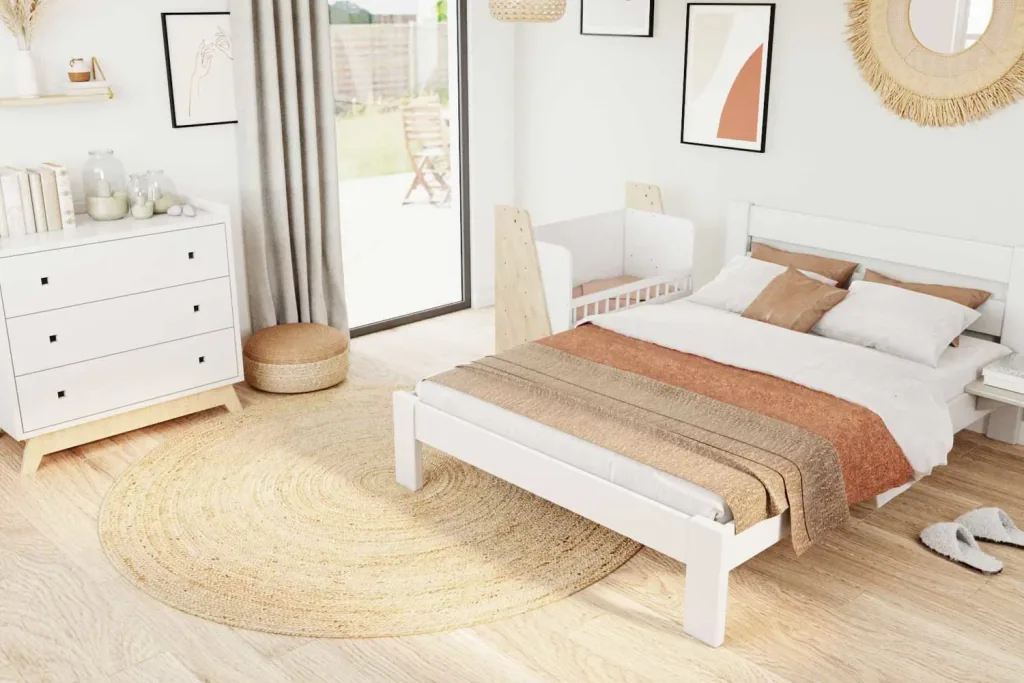 Mathy by Bols "Asymetry" Baby Beistellbett umbaubar zum Schreibtisch mit 2 Regalen
