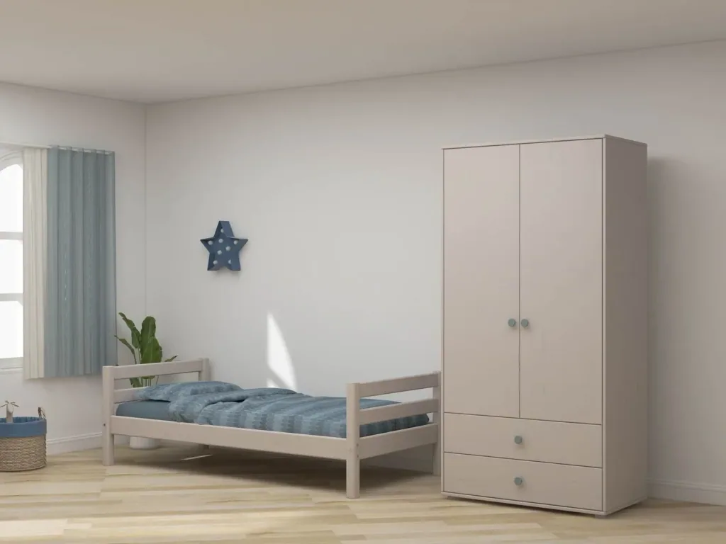 Flexa Kleiderschrank - Classic, mit 2 Türen und 2 Schubladen, 101,3x202,5 cm, Farbe: Grau gekalkt / Grau gekalkt / Türkis
