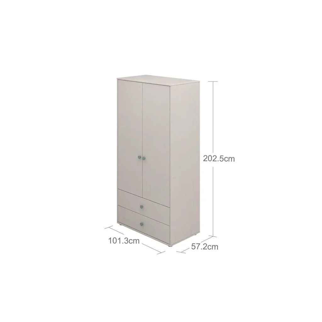 Flexa Kleiderschrank - Classic, mit 2 Türen und 2 Schubladen, 101,3x202,5 cm, Farbe: Grau gekalkt / Grau gekalkt / Türkis