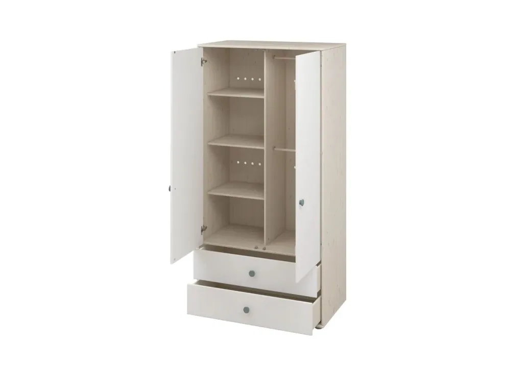 Flexa Kleiderschrank - Classic, mit 2 Türen und 2 Schubladen, 101,3x202,5 cm, Farbe: Weiß gekalkt / Weiß / Türkis