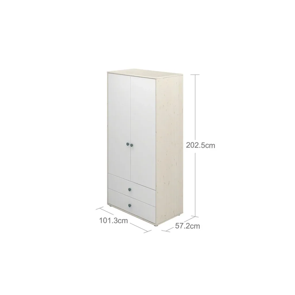 Flexa Kleiderschrank - Classic, mit 2 Türen und 2 Schubladen, 101,3x202,5 cm, Farbe: Weiß gekalkt / Weiß / Türkis
