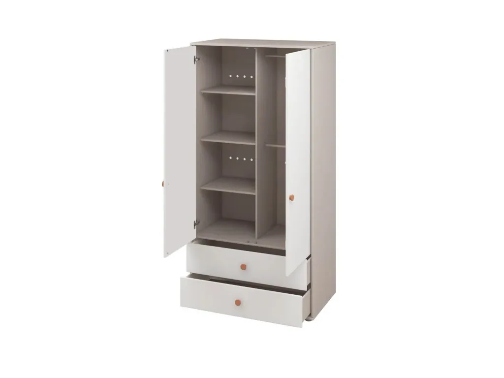 Flexa Kleiderschrank - Classic, mit 2 Türen und 2 Schubladen, 101,3x202,5 cm, Farbe: Grau gekalkt / Weiß / Rouge