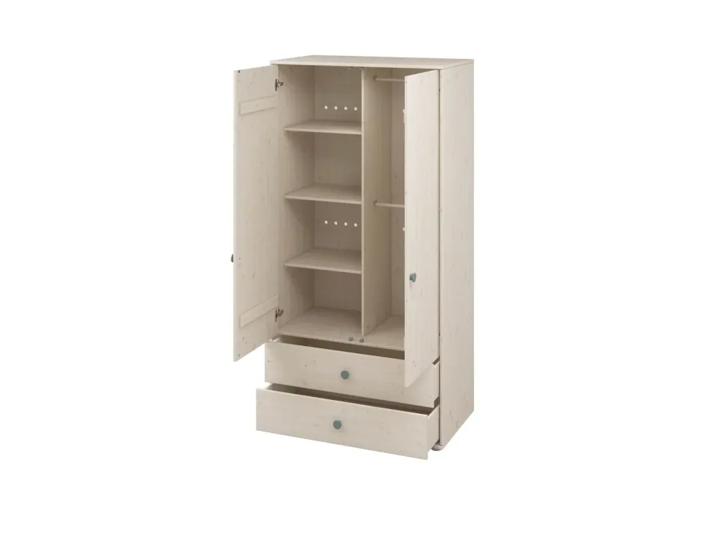 Flexa Kleiderschrank - Classic, mit 2 Türen und 2 Schubladen, 101,3x202,5 cm, Farbe: Weiß gekalkt / Weiß gekalkt / Türkis
