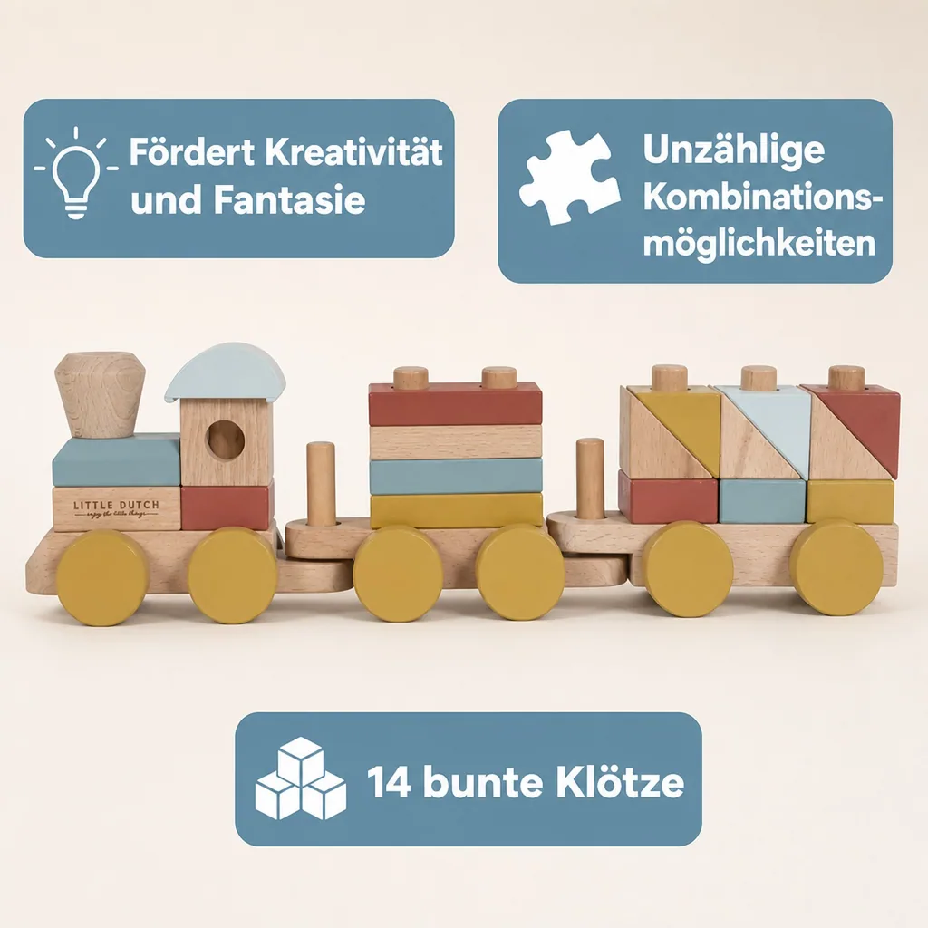 Little Dutch Holzeisenbahn mit Steckklötzen naturfarben